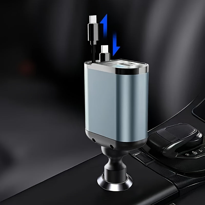Cargador de coche retráctil rápido de 120 W con 2 cables USB tipo C - Enchufe universal, no necesita batería, salida de 13,8 V, solución de carga para coche | Cargador compacto | Cable retráctil, adaptador de cargador de coche