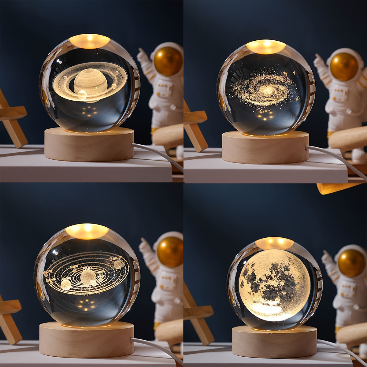 Conjunto de lámpara de mesa de cristal grabado con láser 3D moderno con patrones de Saturno, Luna, Galaxia, Sistema Solar - Base de madera con forma geométrica con alimentación USB para luz nocturna para decoración del hogar, regalo para mujeres, anivers