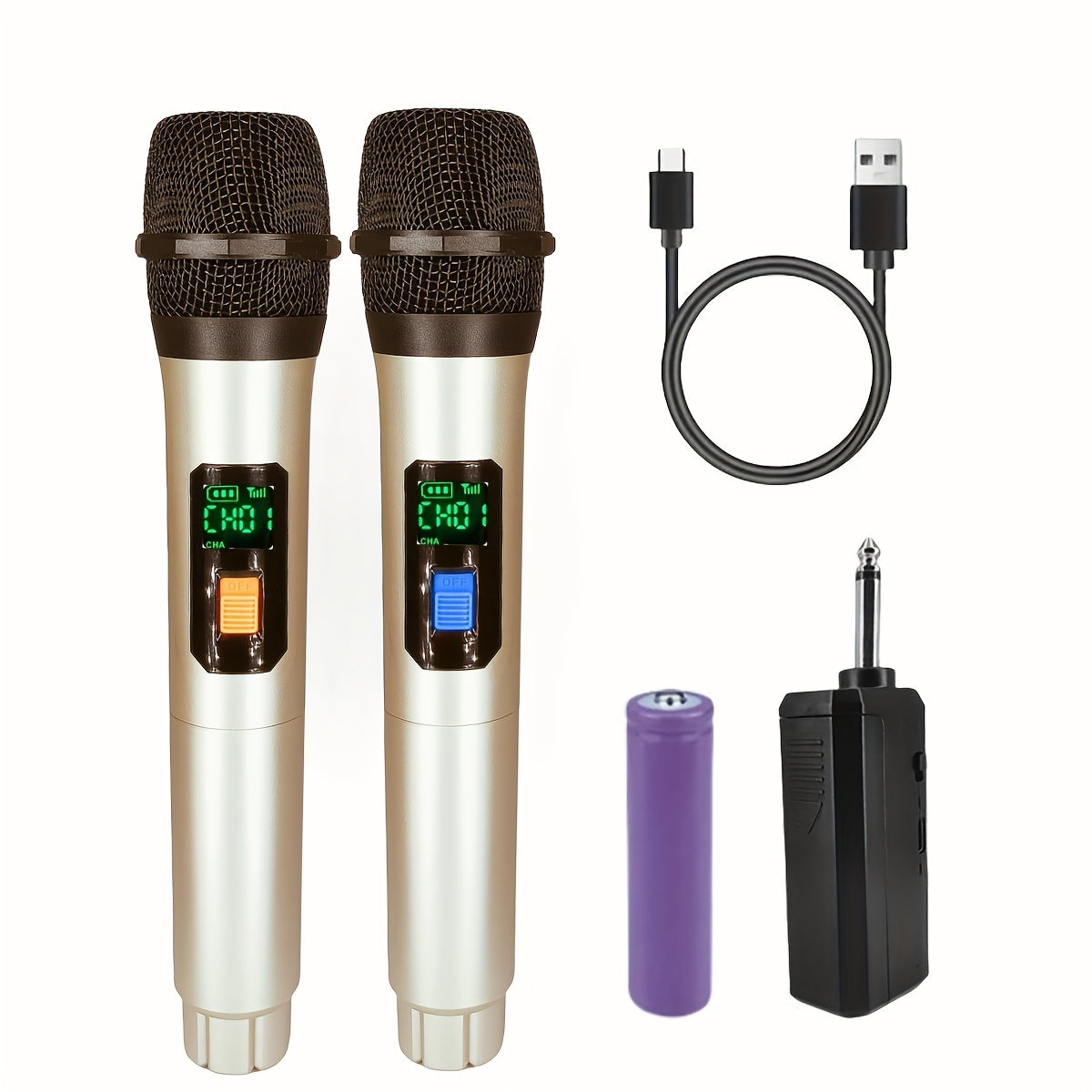 Receptor inalámbrico de micrófono dorado, 1 a 1 y 2 a 1, con batería recargable, ideal para uso en interiores y exteriores, reuniones familiares, discursos, canto en escenarios, KTV, etc., buen sonido, bajo consumo de energía, larga duración en espera, p