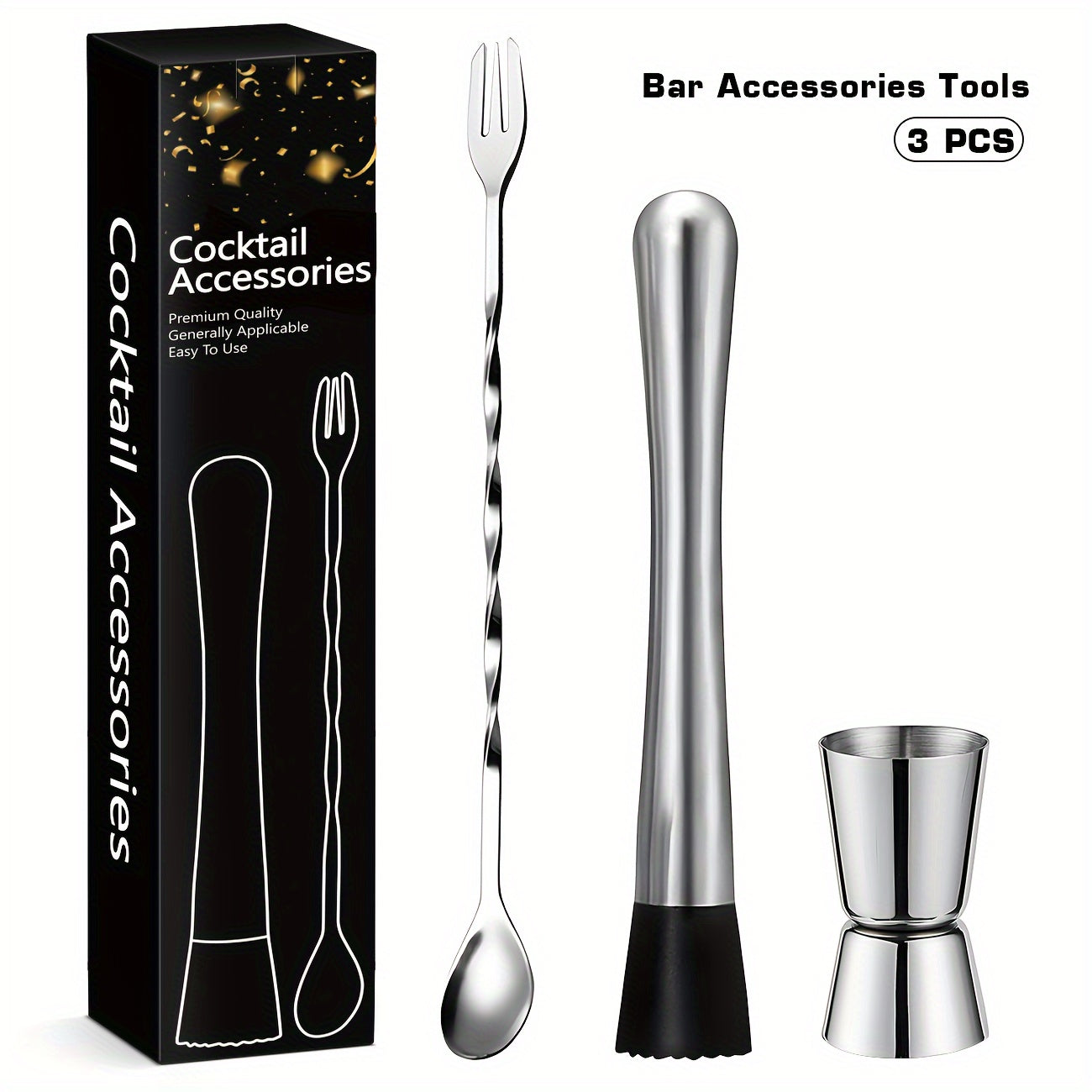 3 piezas de acero inoxidable, juego de mezcladores de cócteles, accesorios de bar con muddler de hielo, cuchara para revolver, taza de medición recta y abridor de botellas, kit de herramientas de bar duraderas para uso doméstico y profesional