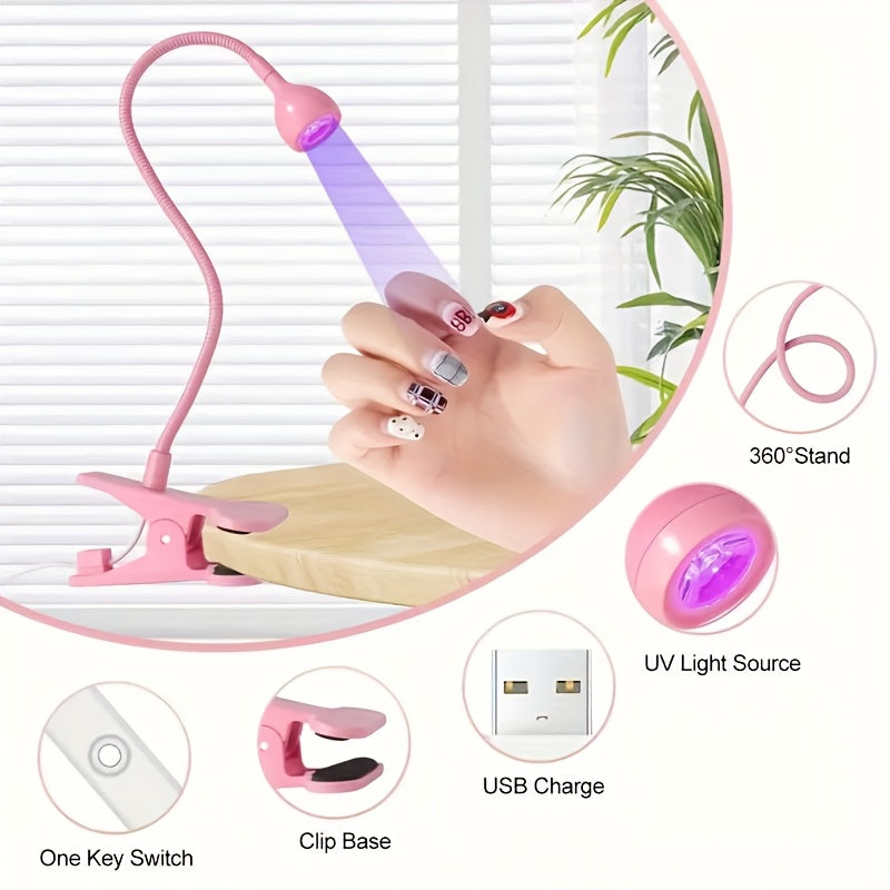 Linterna de uñas con cuello flexible ultravioleta, lámpara LED portátil para gel, secador de uñas USB plug-and-play con pinza y luz flash