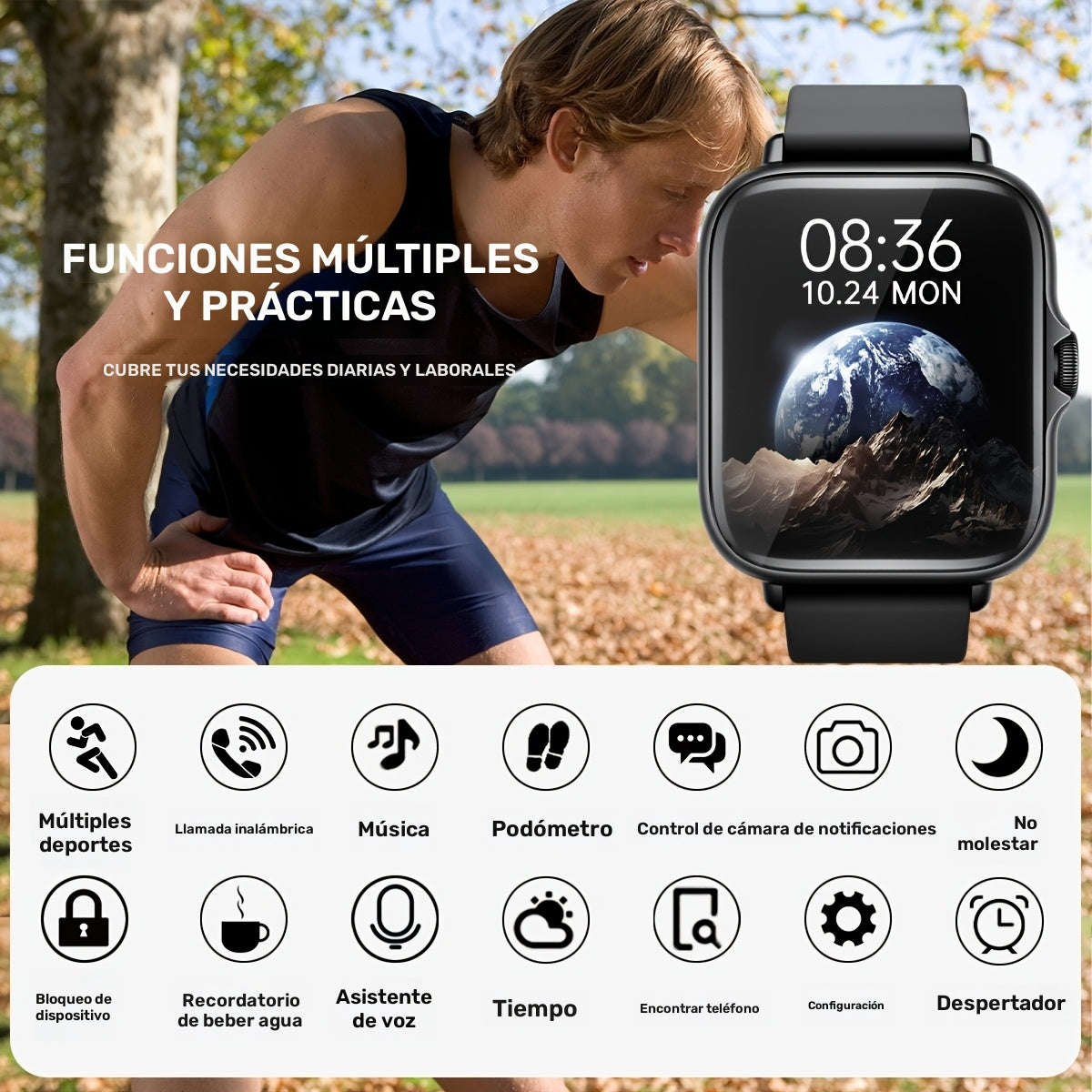 Reloj inteligente deportivo, pantalla táctil completa de 4,65 pulgadas con mensajes, respuesta y llamadas, monitoreo del sueño, pedometría deportiva, alertas de información, para for iphone y teléfonos Android, pulseras inteligentes y relojes de fitness