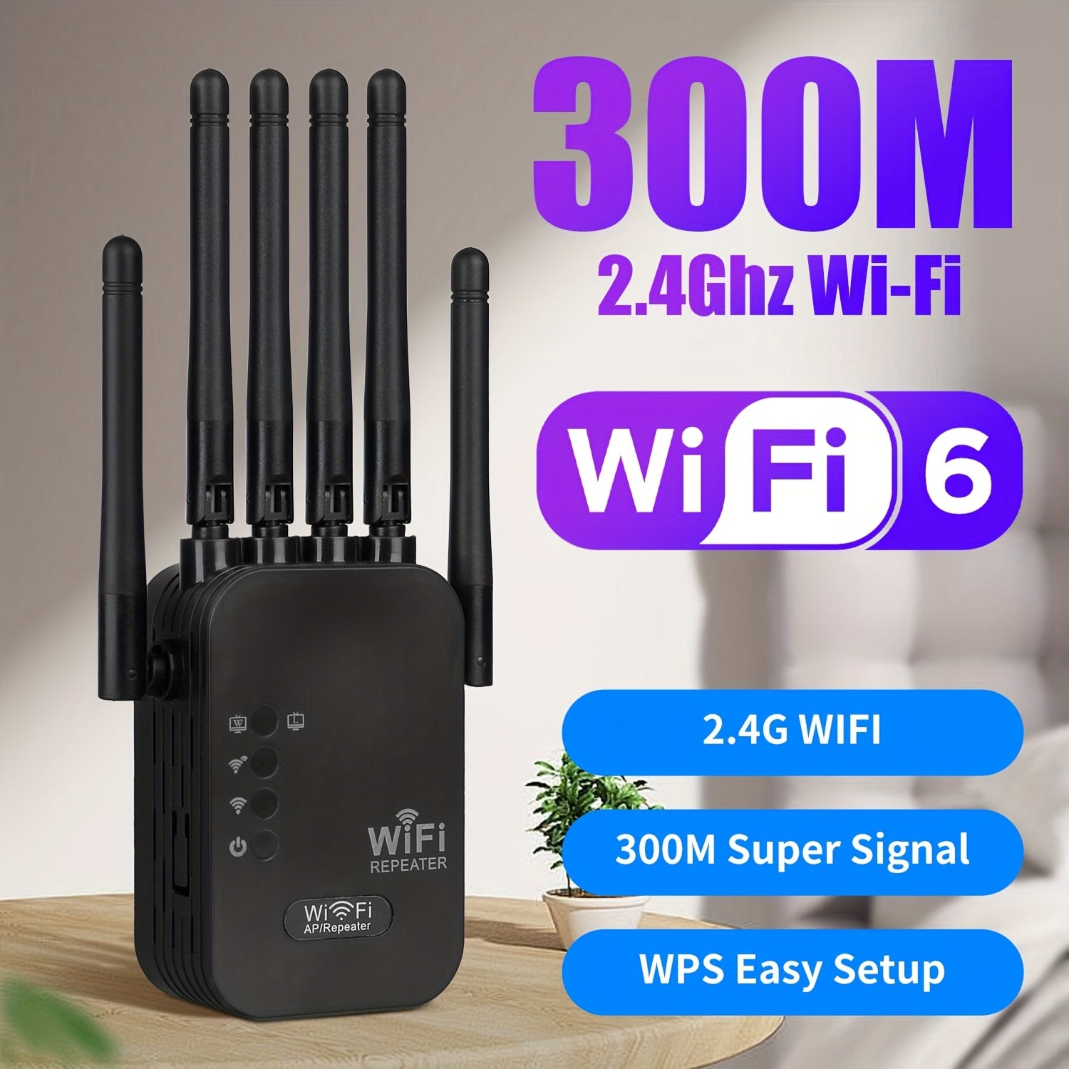 Repetidor de Wifi extremo con enchufe de EE. UU. - Amplificador de señal de 300 Mbps con 6 antenas | Extensor de red de larga distancia | Soporta puertos de red Ethernet | Adaptador de red doméstica de cobertura superadora para 2,4 GHz