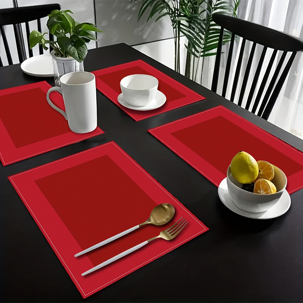Un juego de 2/6 manteles individuales rojos elegantes, resistentes al calor, estilo chino de color sólido, mantel cuadrado de poliéster, adecuados para banquetes festivos, fiestas, comidas diarias y decoración del hogar, lavables a máquina