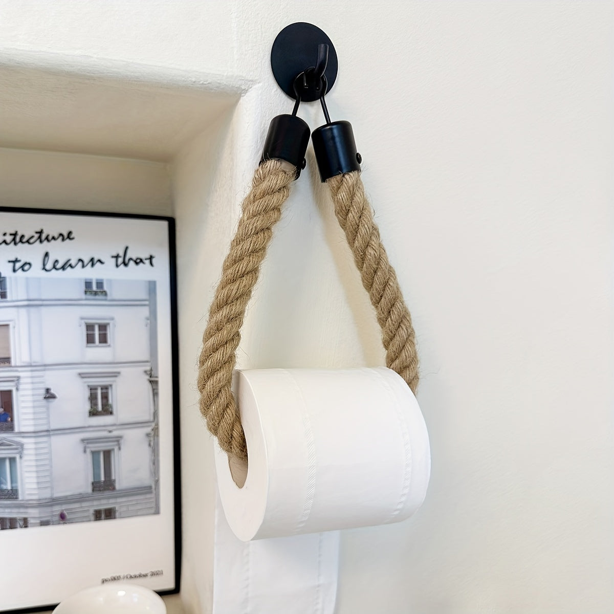 1 unidad de portarrollos de papel higiénico autoadhesivo de cuerda de cáñamo para pared, organizador de toallas para uso en el hogar