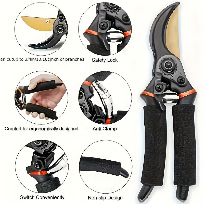 Tijeras de poda de jardín ProGarden Titanium Bypass de 1pc - Tijeras manuales ergonómicas para diestros con hojas de acero aleado ultraafiladas, seguro de bloqueo, agarre antideslizante para recortar setos y jardinería