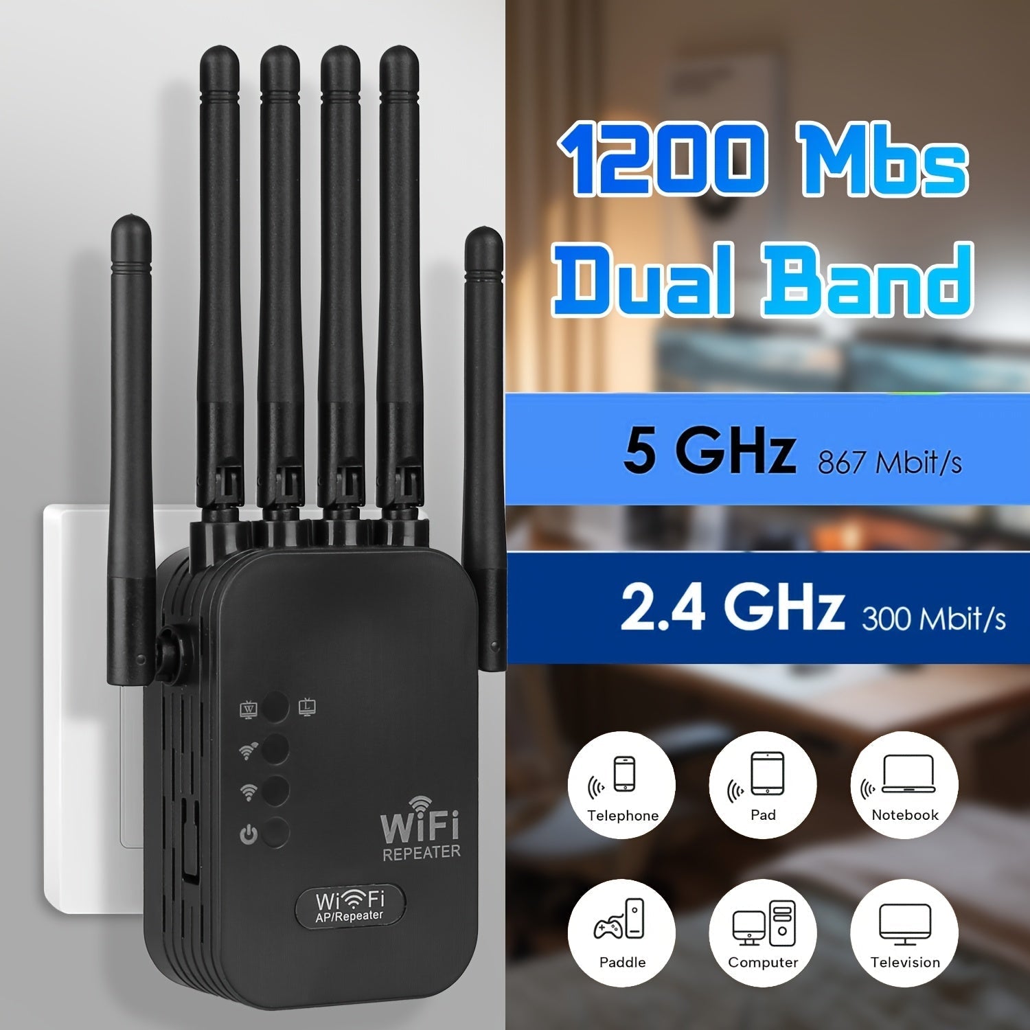 Repetidor de señal Wi-Fi, amplificador de red para el hogar, compatible con sistema WIFI6, doble banda de alta velocidad, 2.4GHz y 5GHz, fácil instalación, diseño de 6 antenas para cobertura estable en toda la casa, ideal para oficinas y bibliotecas
