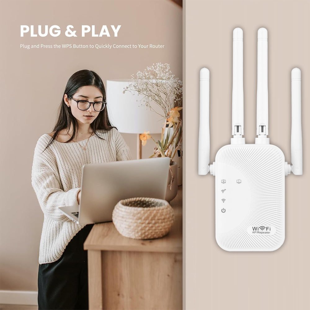 Amplificador de Señal WiFi OEKE con 4 Antenas, Red Inalámbrica Dual Mode, Ampliador de Cobertura WiFi Compatible con Router/Computadora/Laptop, para Hogar/Oficina/Café/Tienda - Blanco, Mejora de Conexión Inalámbrica en Casa o Cafetería, Dispositivo Moder