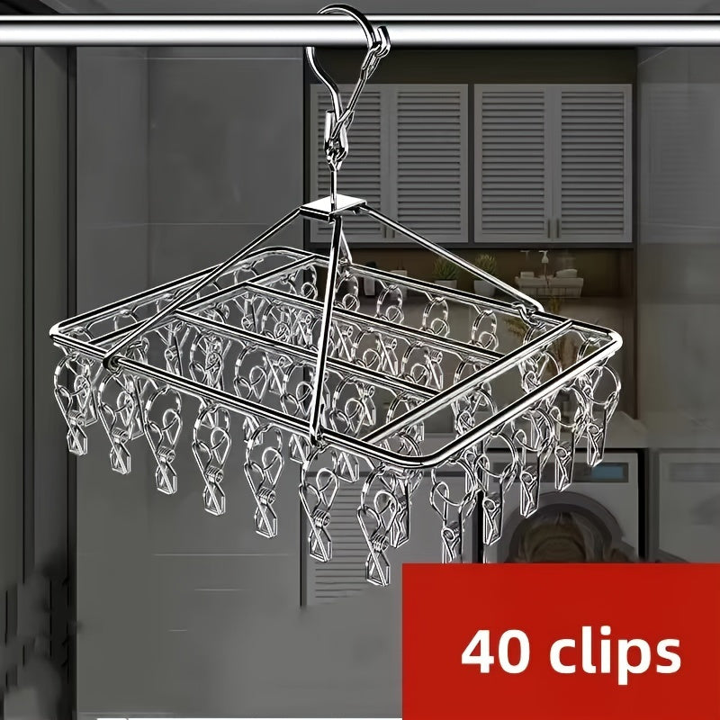 40 piezas de tendedero de acero inoxidable con 20 ganchos estándar - Secador de ropa resistente para interior/exterior, con ganchos giratorios de metal pulido, diseño antiventos, pinzas removibles para ropa y calcetines, tendedero plegable