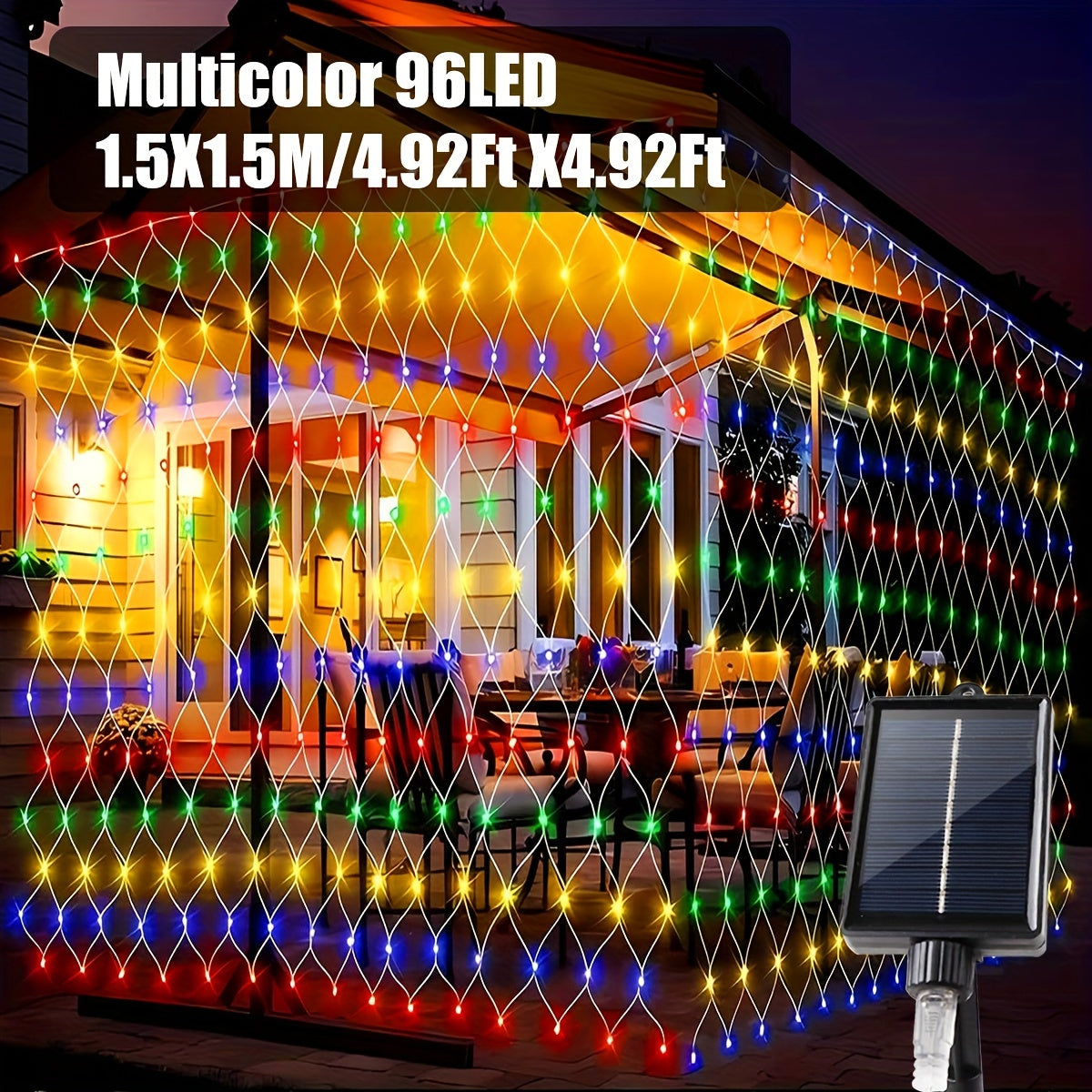 Luz de malla solar IP44 - 8 patrones, luces de cadena LED amarillas para jardín, patio, techo, balcón, árbol de Navidad, centro comercial, ideal para Halloween, Navidad, bodas y fiestas, alimentado por energía solar con batería de litio, luces de camping