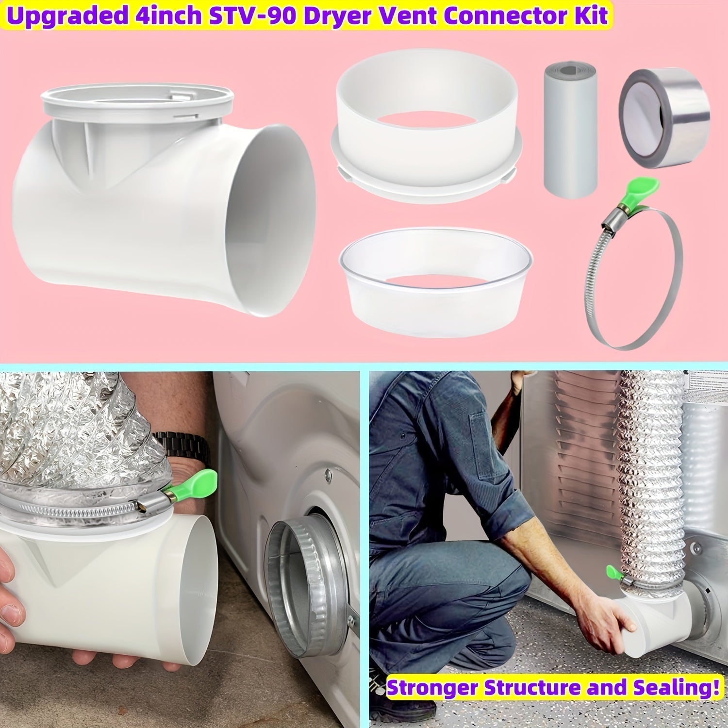 Kit de Conexión de Conducto para Secadora de Ropa Mejorado Estándar de 4 Pulgadas con Soporte y Conector de Tubo de Secadora STV-90 para Ventilación Interior - No Requiere Electricidad