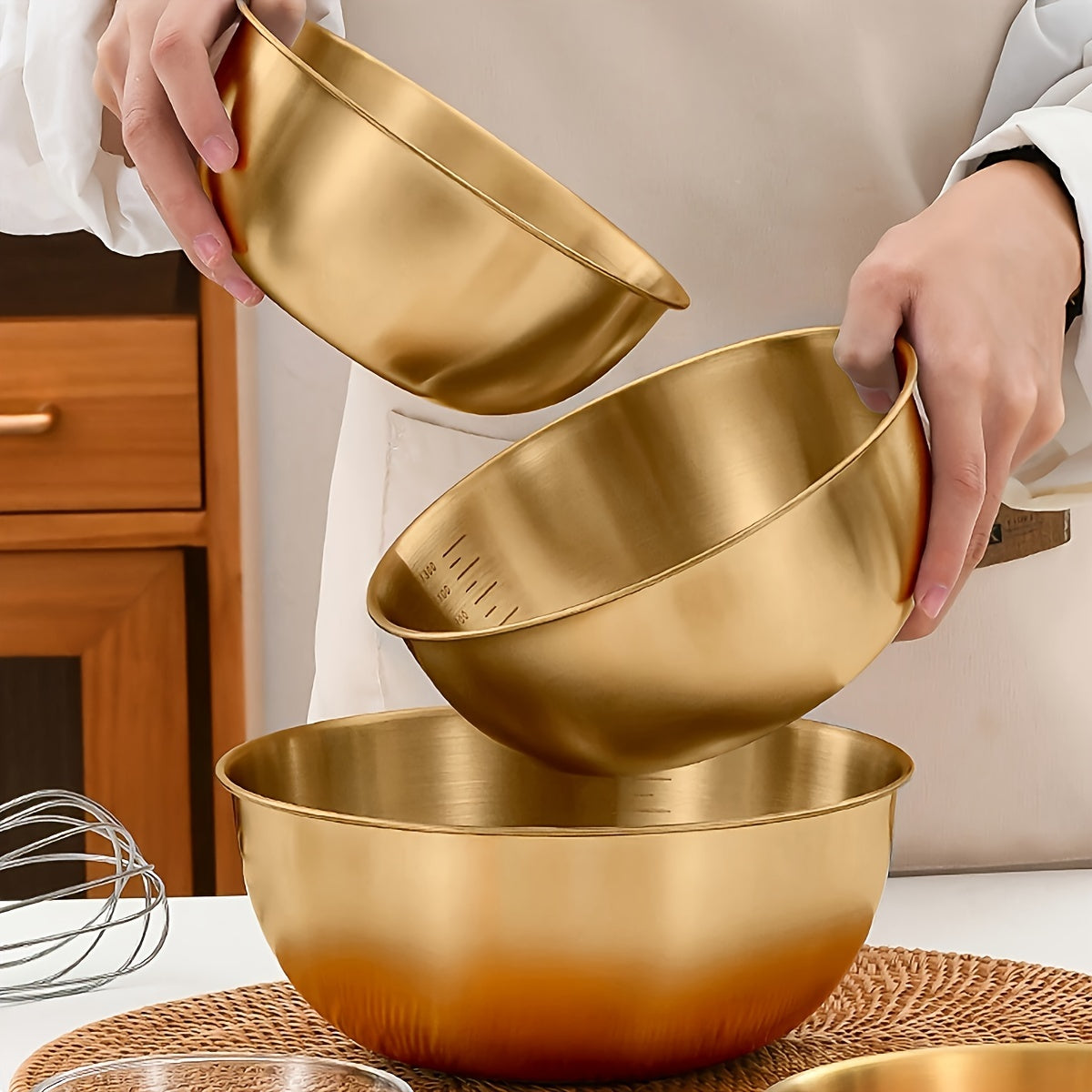 1pc Bol de Ensalada de Acero Inoxidable Duradero con Escala - Apto para Horno, Acabado Metálico Cepillado, Bol Mezclador Redondo para Uso Doméstico y Escolar
