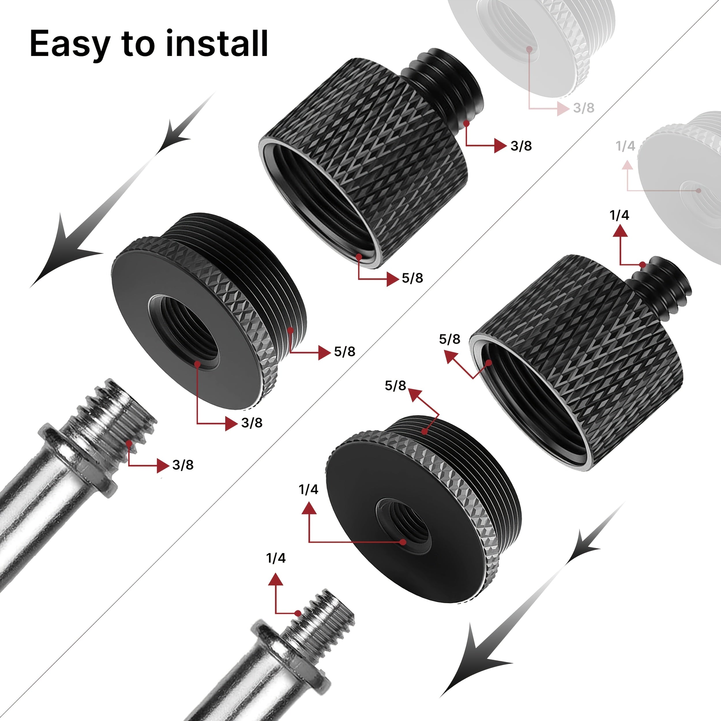 Conectores Roscados para Soportes de Micrófono en - Adaptadores de Tornillo de 4 piezas: Hembra de 5/8" a Macho de 3/8", Hembra de 3/8" a Macho de 5/8", Hembra de 5/8" a Macho de 1/4", Hembra de 1/4" a Macho de 5/8" para Brazos de Micrófono, Trípodes de