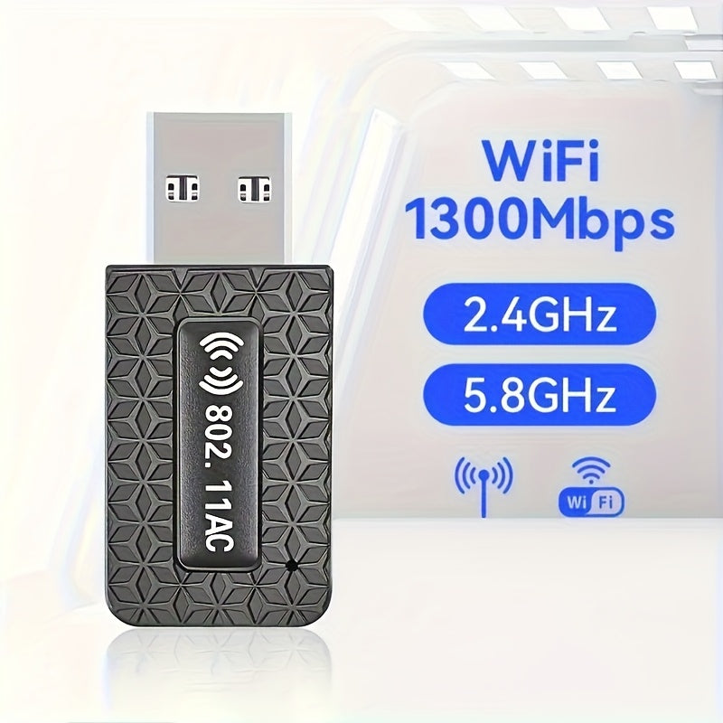 Adaptador WiFi de computadora de escritorio con velocidad de 1300Mbps, doble banda 2.4GHz y 5.8GHz, antena de alta ganancia, modo de alimentación USB, compatible con Windows 7/8/8.1/10/11, sin batería incluida