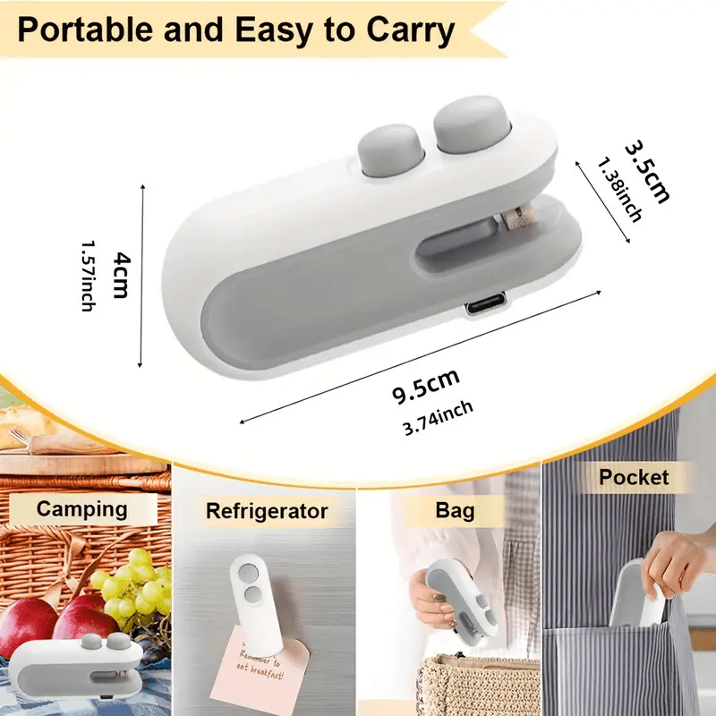 Máquina Selladora de Aperitivos Portátil, Sellador Manual para Bolsas de Plástico, Carga USB, Batería de Litio Recargable de 150mAh. Adecuado para su uso en 6 escenarios importantes, escuela, cocina, hogar, residencia universitaria, al aire libre y otras