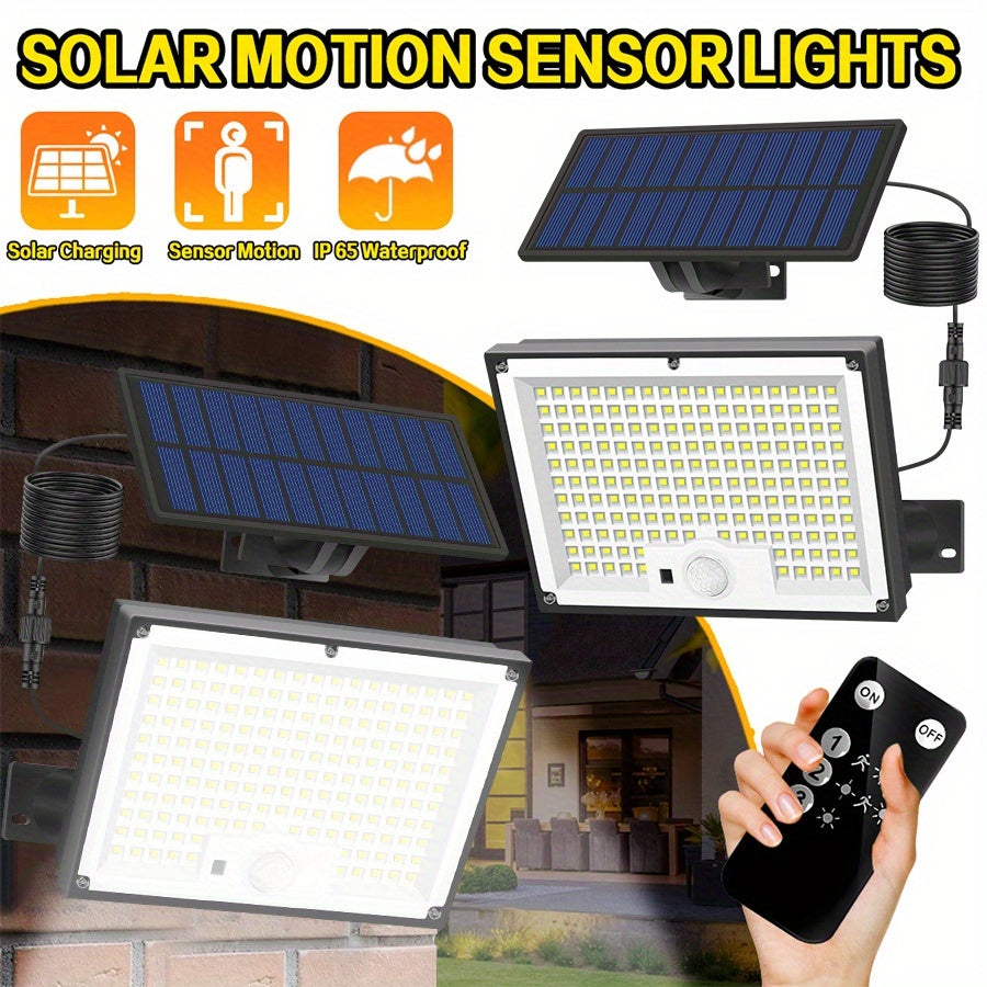 172 luces solares LED brillantes con sensor de movimiento para exteriores, control remoto, panel independiente, cable de 5,0 metros, iluminación de amanecer a anochecer, farola solar para porche exterior, patio, jardín, cobertizo, pared, regalo de Navida