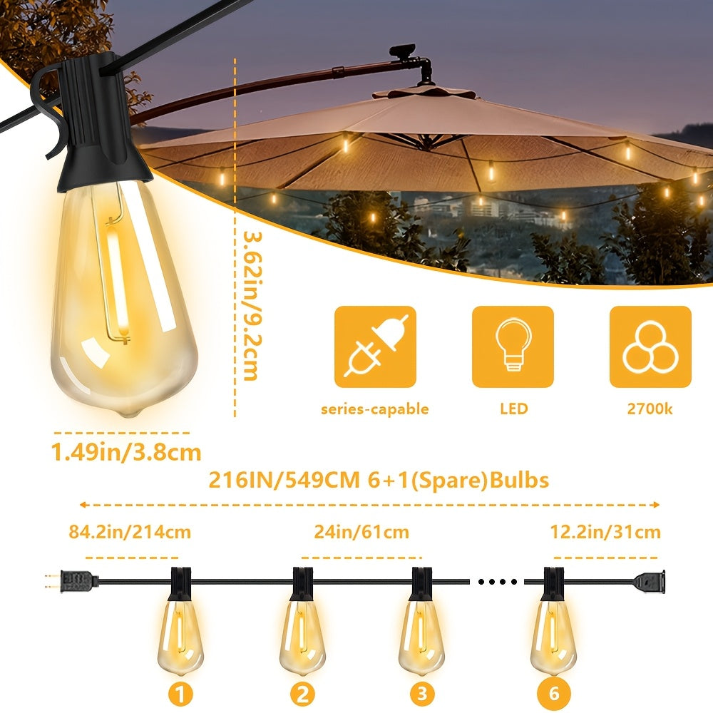 Luces de cuerda ST38 para exteriores, 106 pies, 50+4 bombillas LED regulables, resistentes al agua, amarillo brillante 2700K, enchufe US 110-130V, candelabro semiempotrado para patio, bistro, fiestas, bodas, jardín, gazebo, terraza, porche - No requiere