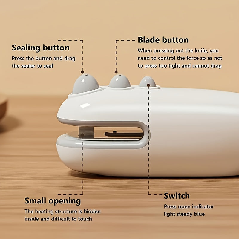 Mini sellador y cortador de bolsas USB compacto y recargable - Sellador de calor magnético portátil para la frescura de los alimentos, perfecto para uso en la oficina, batería de litio de 400-1,44 mAh, blanco, sellado de bolsas de snacks | Dispositivo po