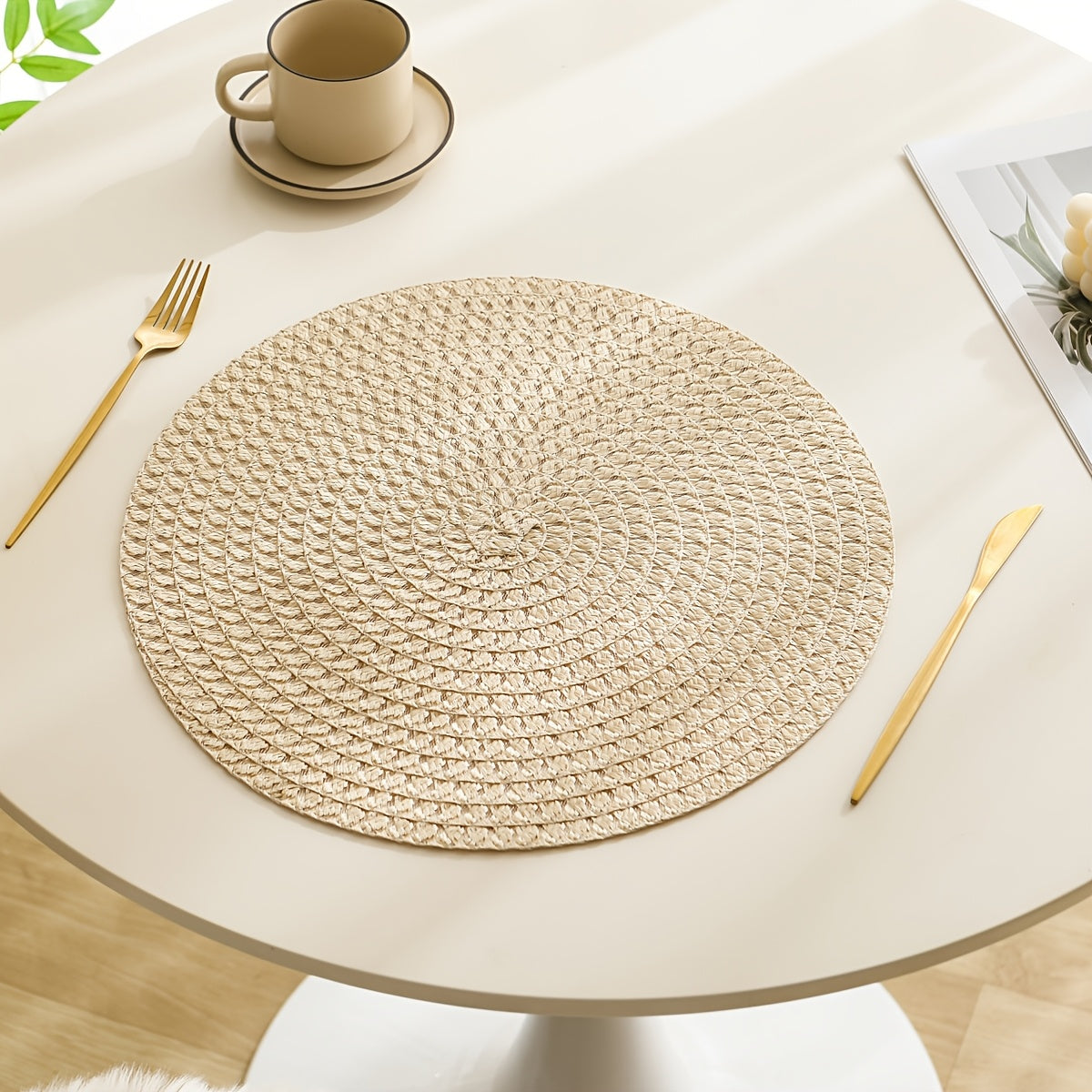 2/4/6 piezas Juego de manteles individuales de lino, tapetes de mesa tejidos redondos, 100% lino resistente al calor, decoración de comedor lavable, patrón a cuadros para uso doméstico y de cocina