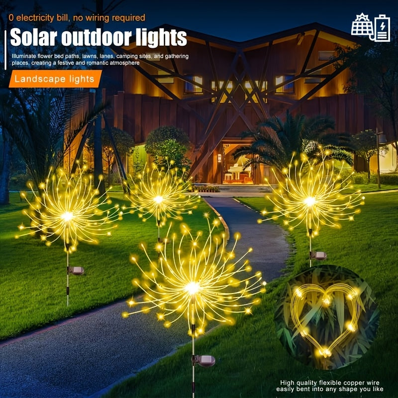 Luces inteligentes LED, luces de jardín inteligentes, luces solares para exteriores, 2 piezas de luces de fuegos artificiales para jardín 8 modos, luces decorativas con estacas que parpadean, adecuadas para la decoración de la pradera de senderos (color/