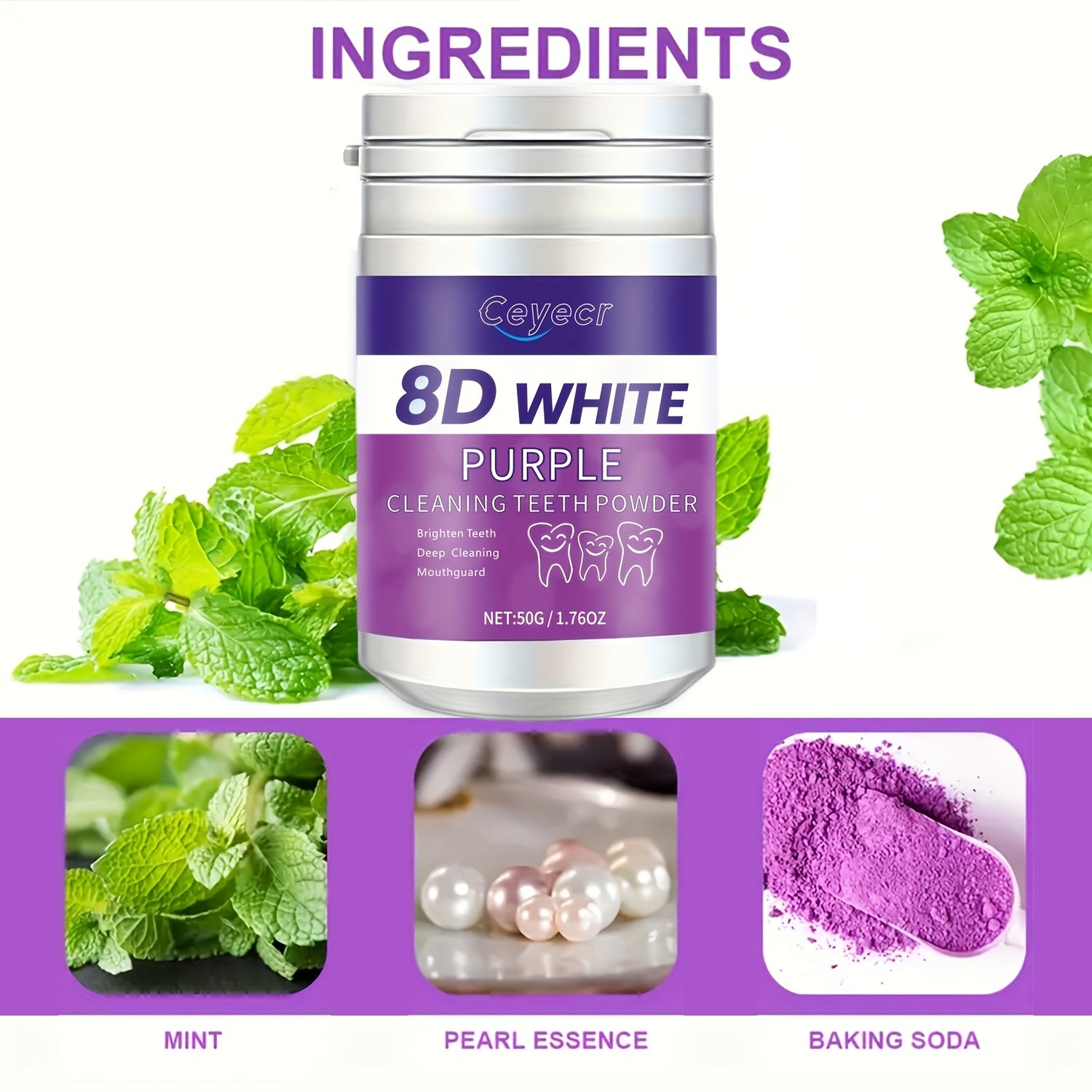 Polvo blanqueador dental púrpura Ceyecr, 50 g/1.76 oz - Polvo limpiador dental de limpieza profunda, pasta dental para aliento fresco, con esencia natural