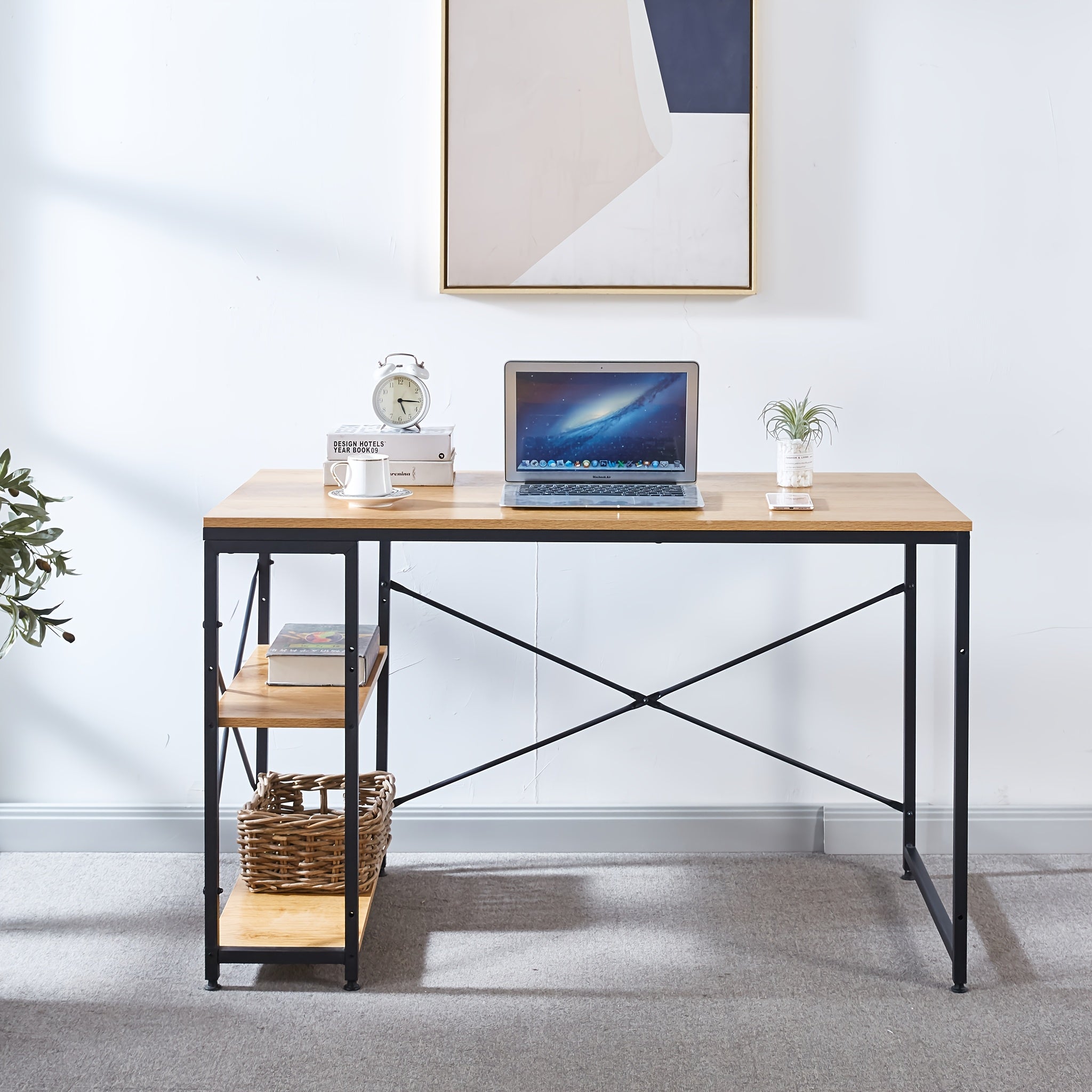 Escritorio moderno y minimalista con marco de metal y estantes laterales de almacenamiento - Fácil de limpiar, ideal para hogar, oficina, dormitorio, estudio, escuela y área de estudio de estudiantes, escritorio de computadora.