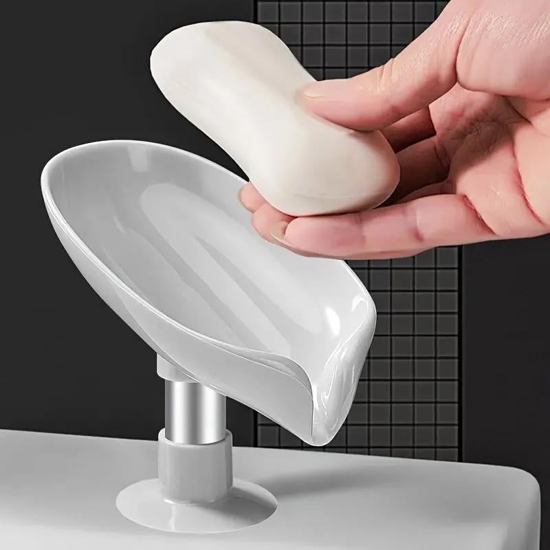 Plato de jabón con diseño de hojas de secado rápido con ventosa - Sin taladro, fácil instalación, sin acumulación de agua, soporte de jabón de plástico duradero para baño y cocina, soporte de jabón de ducha
