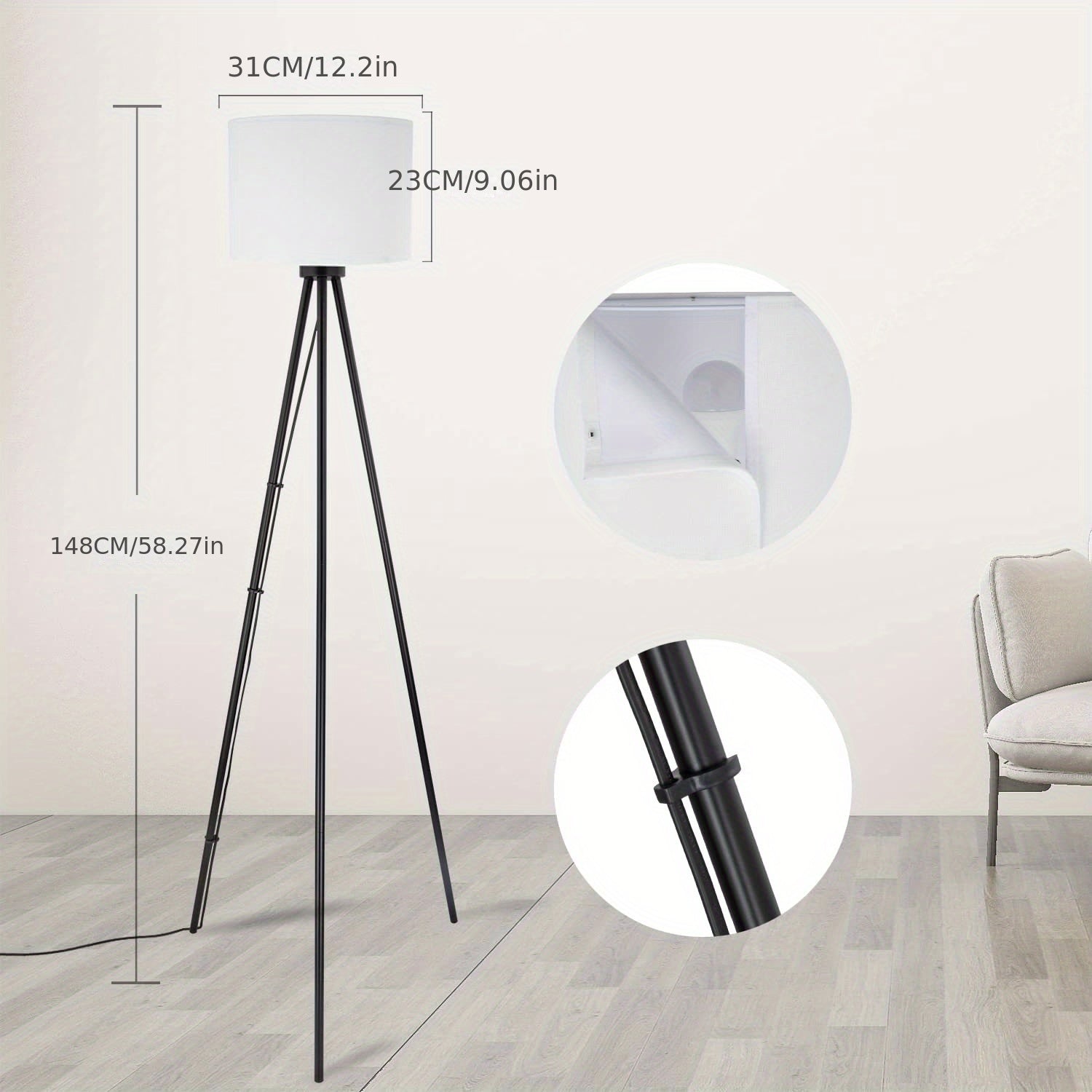 Lámpara de Suelo LED Regulable con Bombilla E26 de 3 Temperaturas de Color, Lámpara de Suelo Moderna con Trípode Metálico, Lámpara de Suelo para Salón, Dormitorio, Estudio, Oficina
