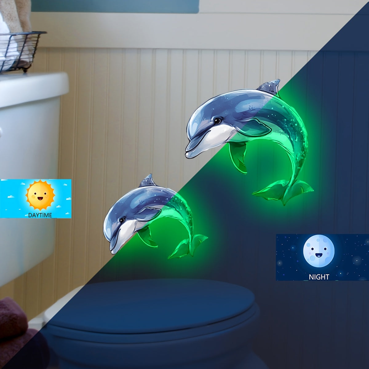 1pieza Luminous Dolphin Toilet Decal, PVC Autoadhesivo, 20x30cm, Decoración de Baño que Brilla en la Oscuridad, Luz Nocturna Reutilizable, con Cubierta de Inodoro Decorativa para el Hogar, Baño, Dormitorio