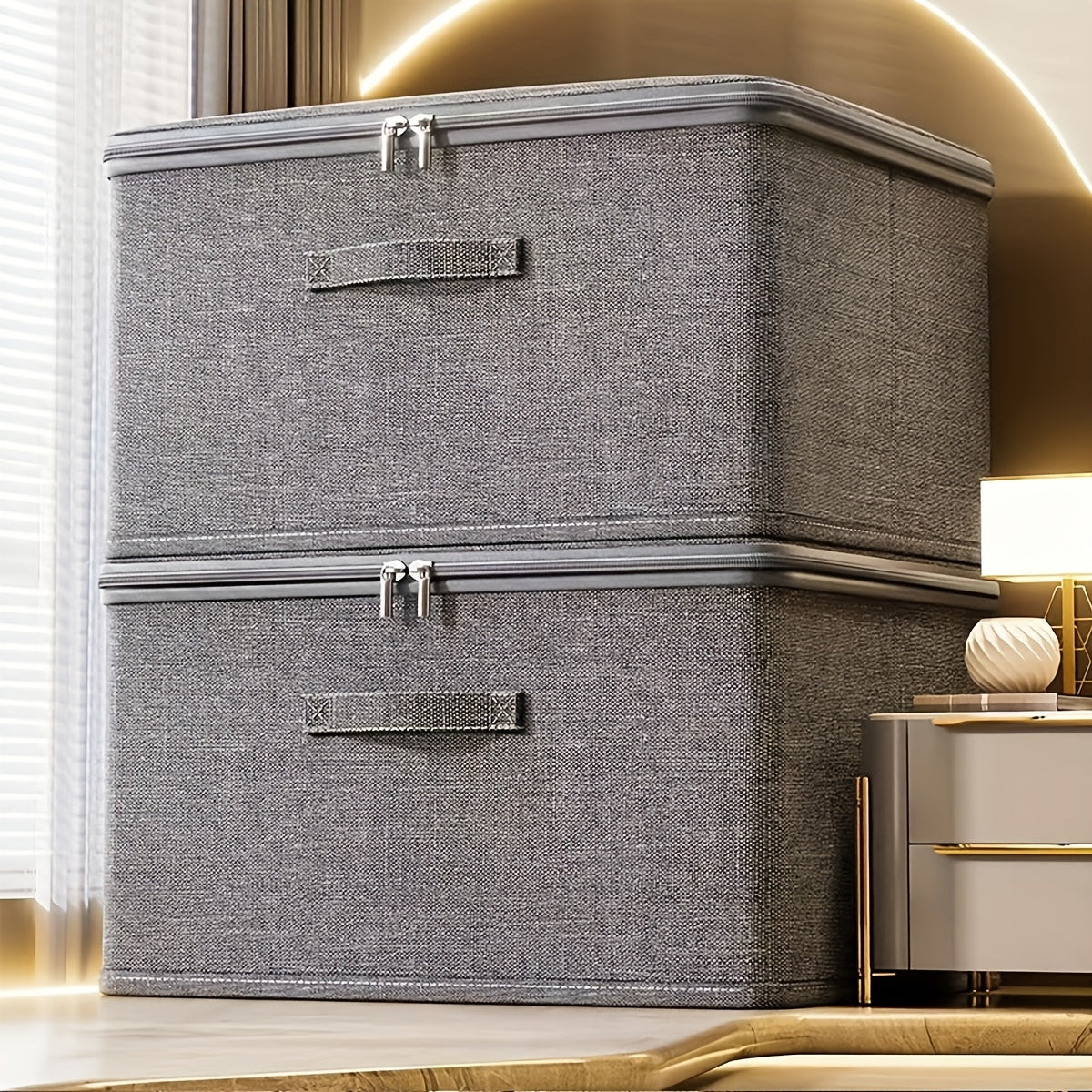 Caja de almacenamiento con tapa de cremallera, contenedor con asas, cubo plegable con tapa para organizar ropa en el armario o debajo de la cama