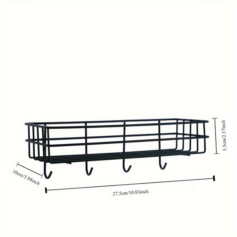 Estante de almacenamiento multifuncional para baño de pared, estante de almacenamiento para cocina, 1 estante de gel de ducha de hierro fundido con gancho, estante de almacenamiento de artículos esenciales para baño de pared sin perforaciones