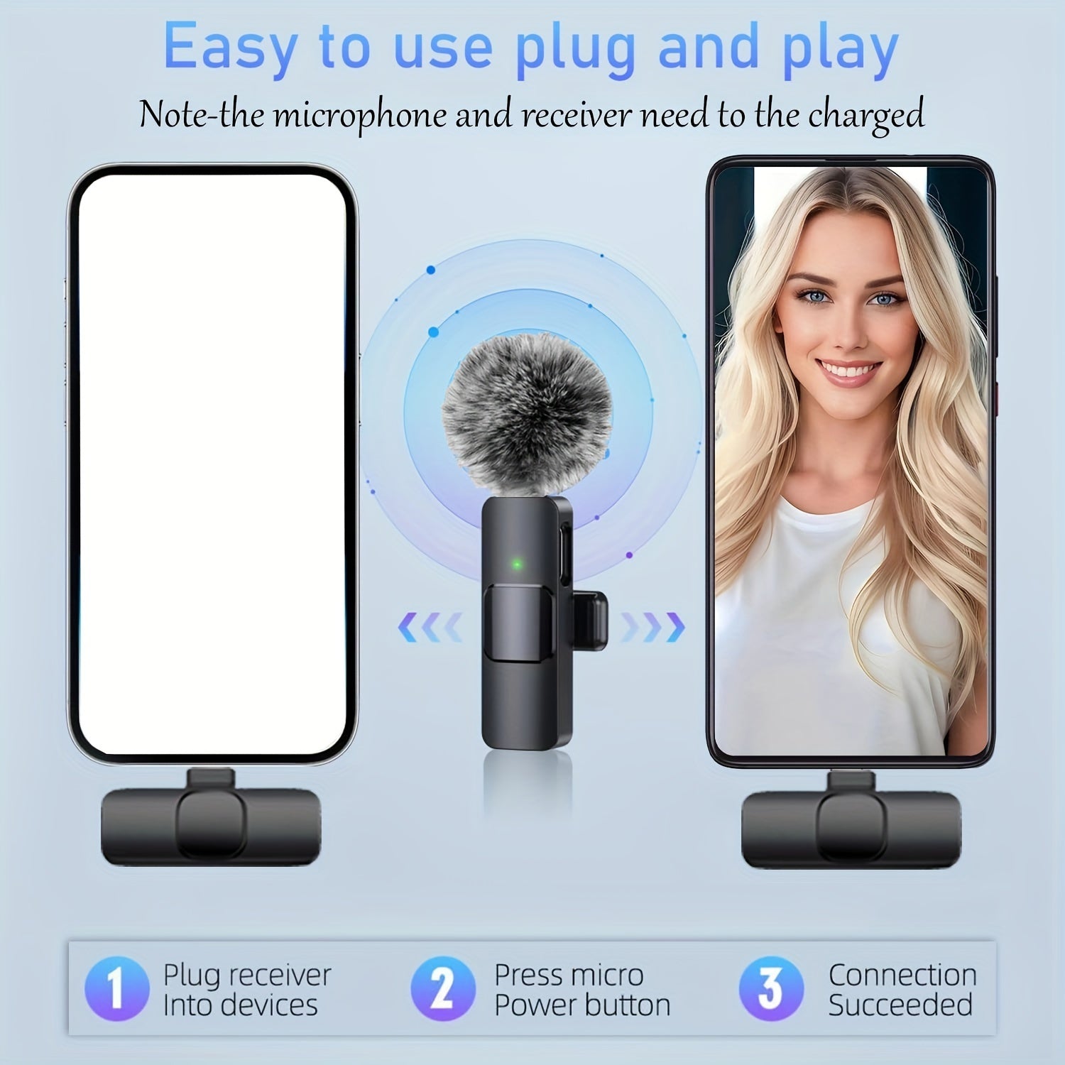 Micrófono lavalier inalámbrico con cubierta antiviento para smartphones, laptops y grabación de audio y video, ideal para entrevistas, podcasts y vlogs