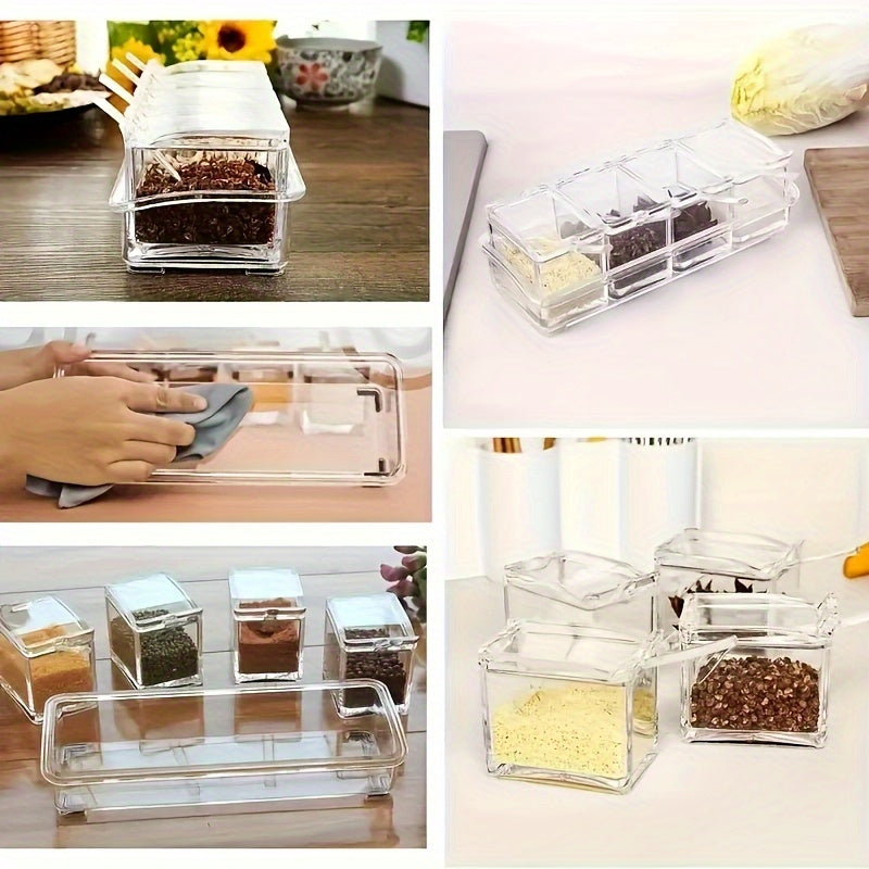 1 caja de condimentos transparente, juego de 4 contenedores de almacenamiento de condimentos con cuchara, estante de condimentos transparente, ollas de especias para pimienta, especias.