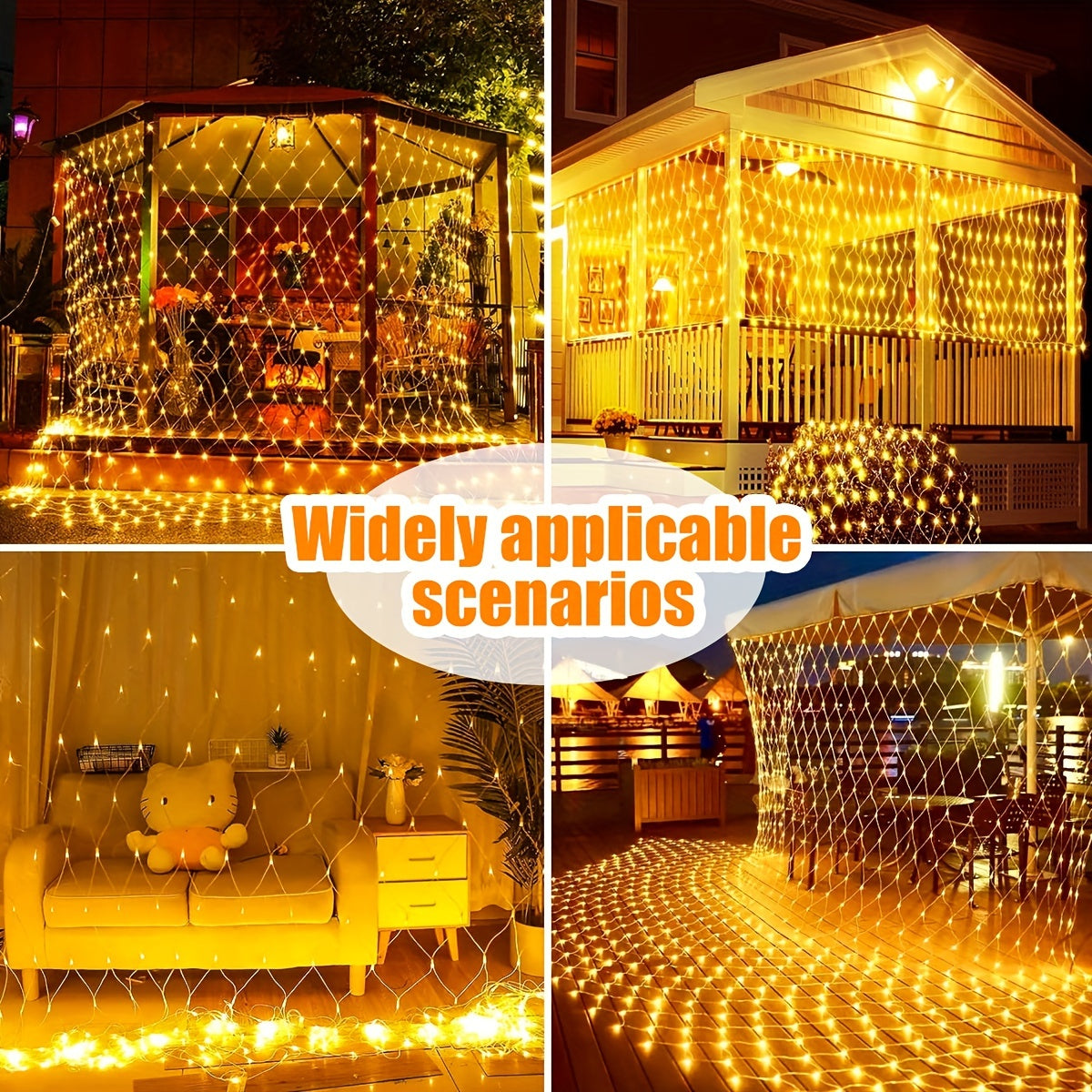 Luz de malla solar IP44 - 8 patrones, luces de cadena LED amarillas para jardín, patio, techo, balcón, árbol de Navidad, centro comercial, ideal para Halloween, Navidad, bodas y fiestas, alimentado por energía solar con batería de litio, luces de camping