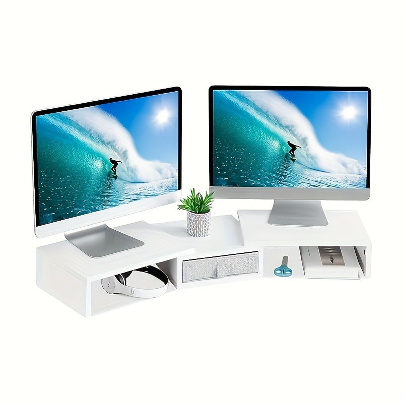 Soporte Ajustable para Doble Monitor con Cajón - Elevador de Escritorio de Madera de 93.98cm para 2 Pantallas, Portátiles y PC - Organizador de Almacenamiento que Ahorra Espacio, Ganchos de Utilidad