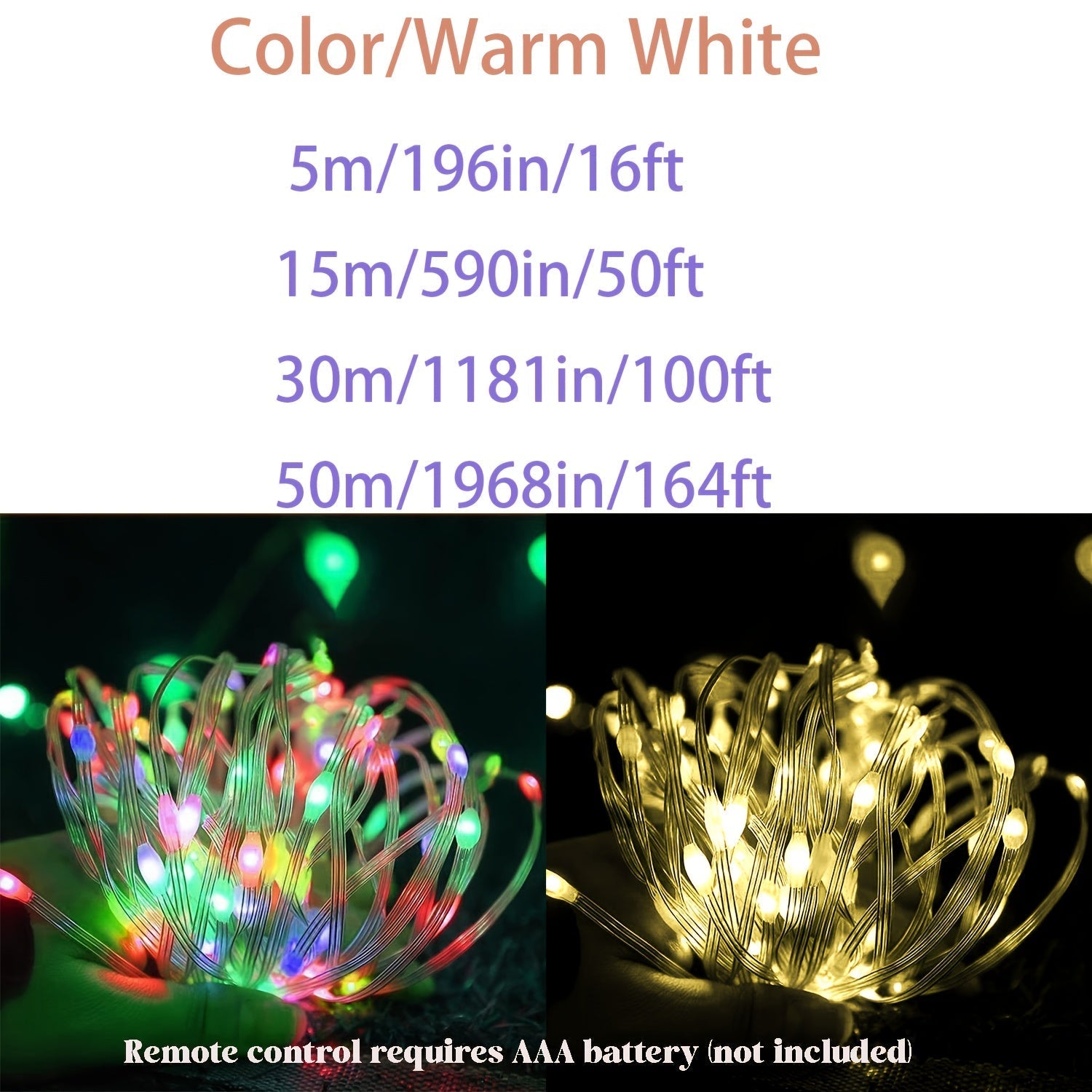 Luces Navideñas Impermeables - 4.88/15.24/30.48/49.99 metros, Certificación con Control Remoto, Brillo Ajustable y Velocidad de Parpadeo para Dormitorio, Patio, Decoración de Césped y Ambiente Festivo, Luces de Cadena para Dormitorio