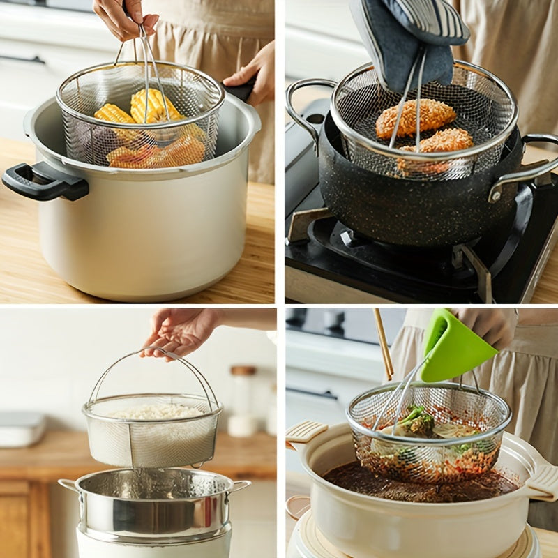 1pc Cesta de malla de acero inoxidable con asa, inserto de vaporizador multifuncional para olla, colador versátil para freír, hervir, cocinar al vapor, con diseño de prevención de escaldaduras, para verduras, mariscos
