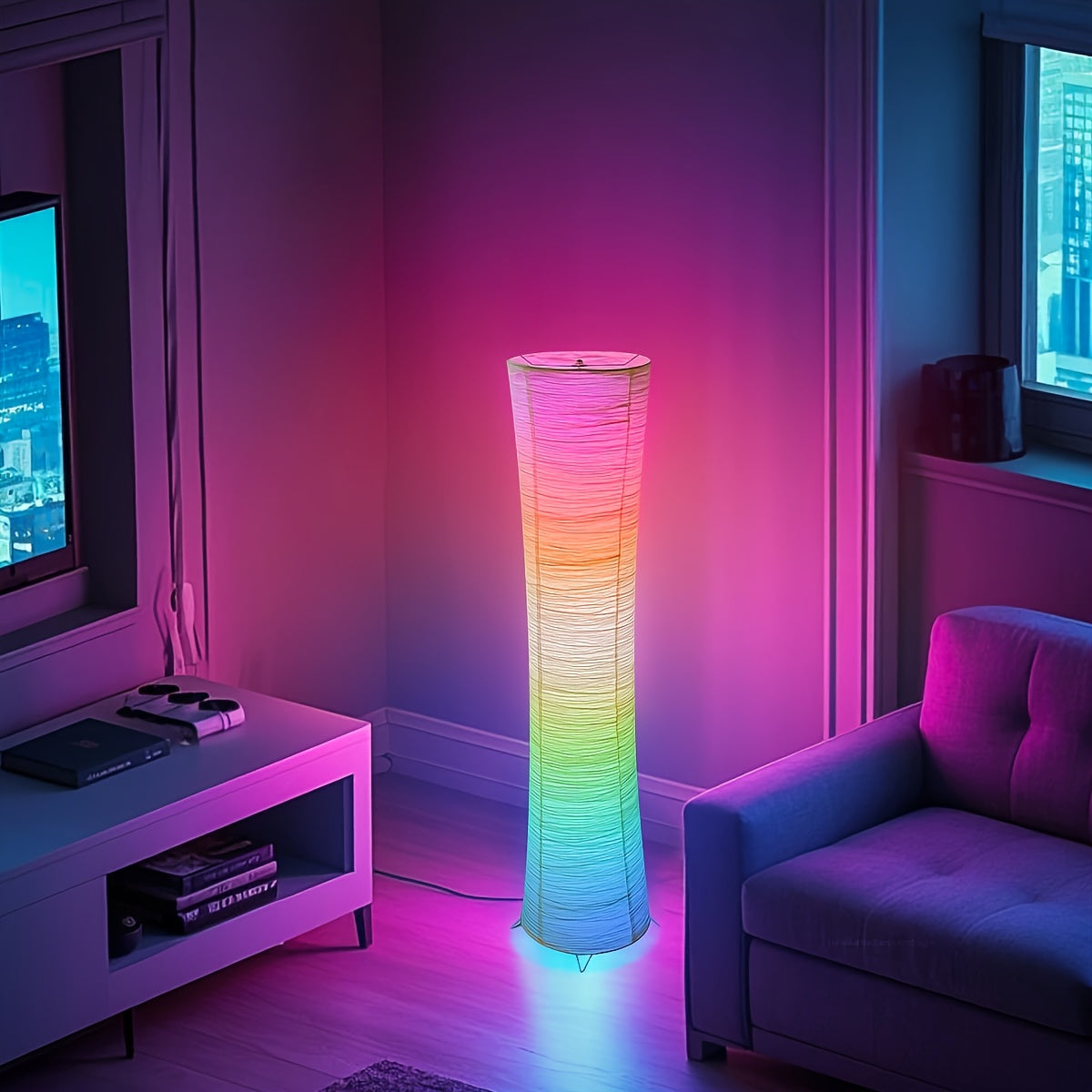 1 lámpara de suelo vertical de papel LED, control remoto, lámpara de suelo RGB con cambio de color, alimentación por USB, adecuada para sala de estar, dormitorio, estudio, sala de juegos.
