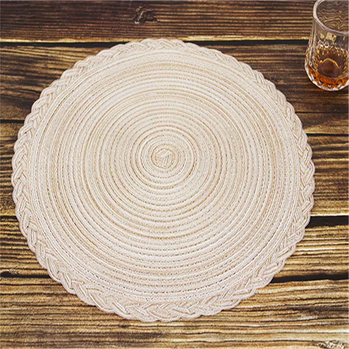 4 individuales redondos trenzados de poliéster - Solo lavado a mano, rayas beige y café, individuales resistentes para comedor, cocina o mesa de centro, individuales para mesa de cocina | Textura trenzada | Poliéster