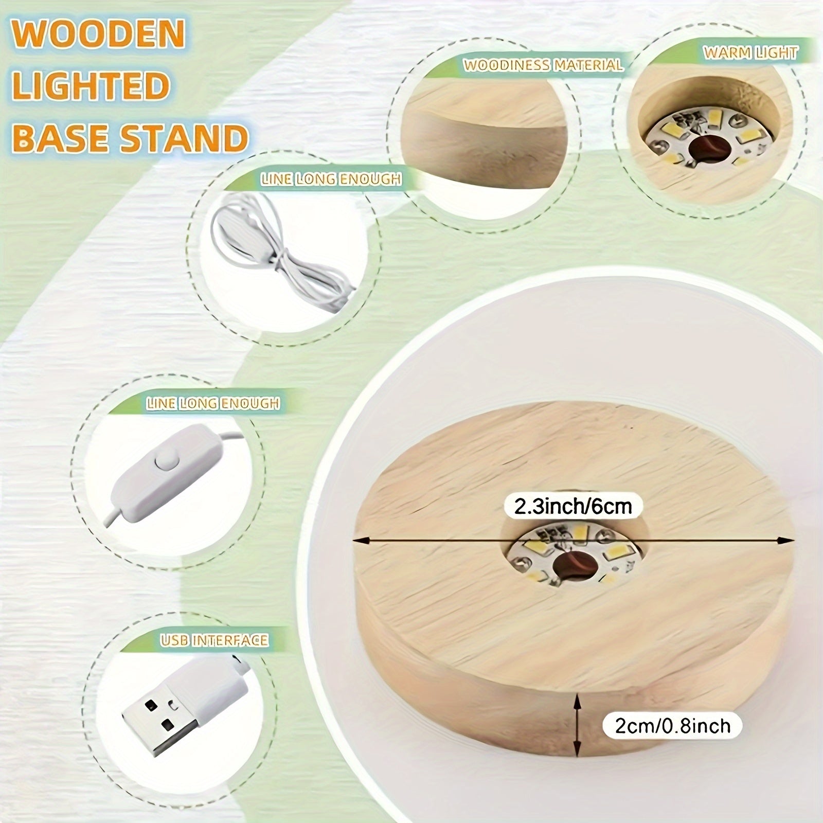 Base de luz de madera, lámpara LED de madera maciza, luz nocturna romántica DIY, soporte de lámpara de vidrio cristal, luz de tronco con interruptor, luz de exhibición USB, soporte giratorio para luces, opciones de luz cálida, blanca y de colores