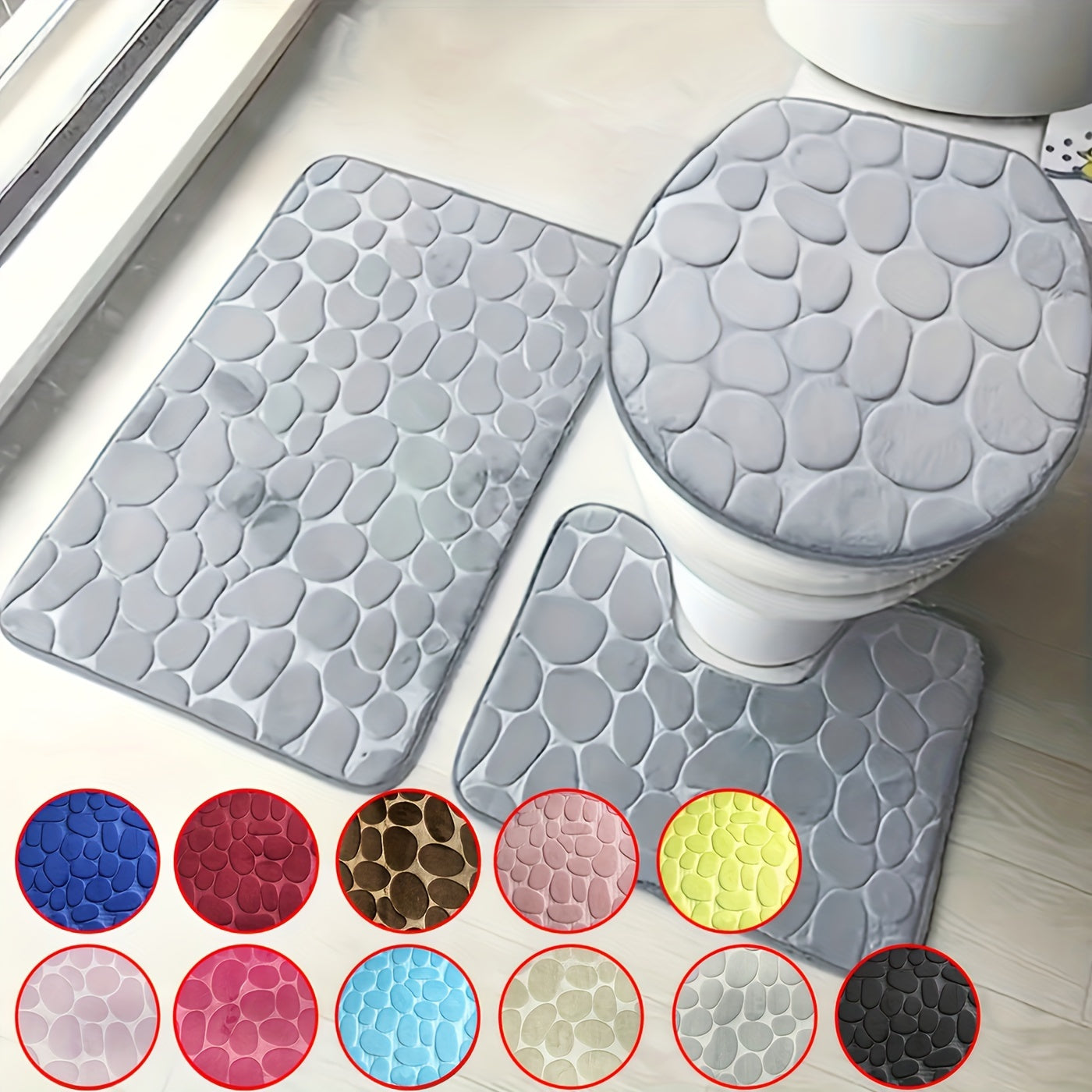Juego de 3 alfombras de baño con relieve en forma de adoquines, ultra suaves y antideslizantes, alfombras absorbentes para bañera con contorno en forma de U clásico, accesorios y suministros para baño