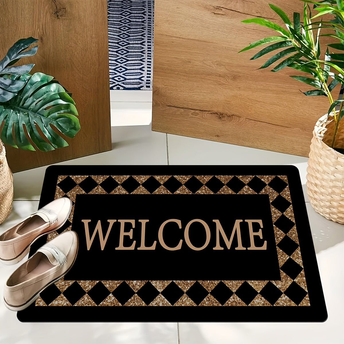 1 pieza de "BIENVENIDO" alfombra de pana - Poliéster antideslizante, ligero, patrón de cuadros negro y dorado, perfecto para decoración del hogar, alfombra de bienvenida para la entrada | Alfombra de patrón de cuadros | Alfombra de fibra de poliéster, al