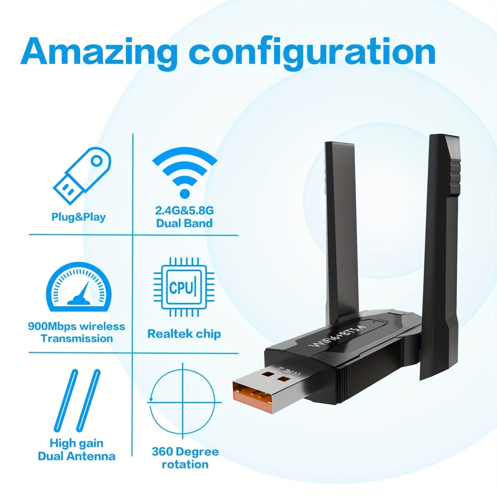 Adaptador de Red Inalámbrica AX900m Dual-Band WiFi 6 & Wireless 5.4 - Antenas de Alta Ganancia, Sin Necesidad de Controladores, Wi-Fi 2.4G/5G para PC y Portátil, Compatible con Windows XP/7/8/10/11, Conectividad Wifi, Receptor Elegante, Construcción Robu