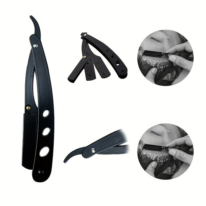 Navaja de afeitar manual de acero negro vintage, cuchilla de afeitar de moda antigua con soporte, herramienta de afeitar clásica para la cara, afeitadora de pelo duradera para hombres
