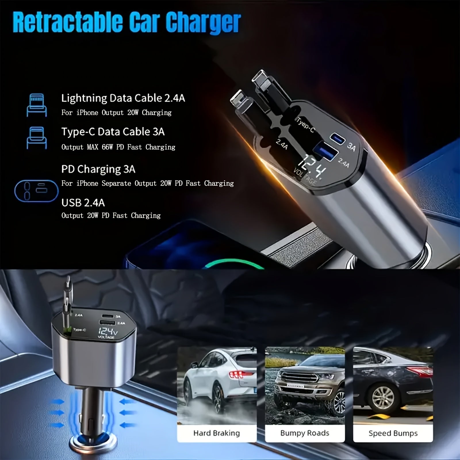 66W de Salida Máxima, Cargador Rápido para Auto con Cable Telescópico y 2 Puertos USB, Compatible con iPhone 15/15 Pro Max/14 Pro Max/13/12/11, Samsung, Xiaomi, Galaxy S23/22, Pixel