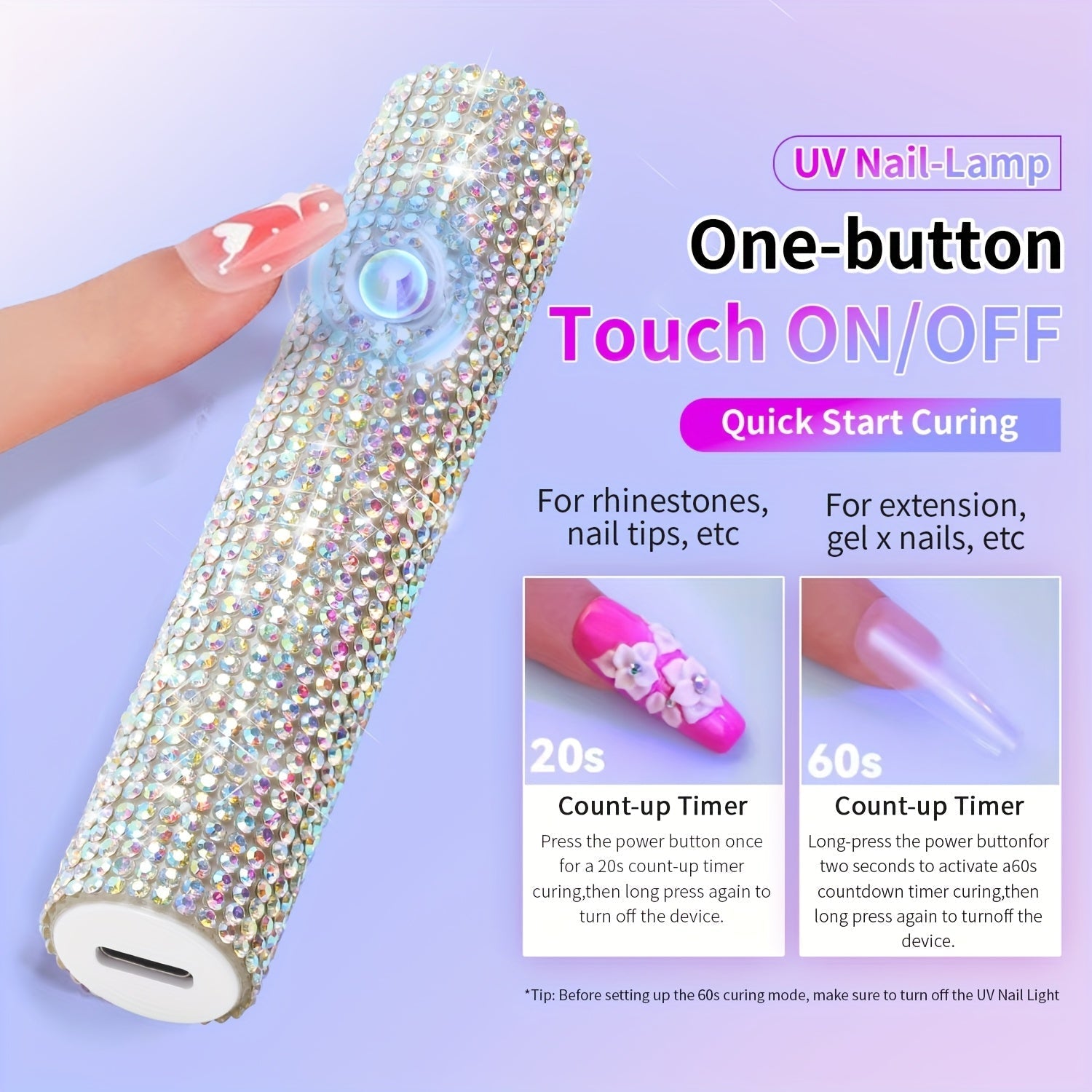 Lámpara de esmalte de uñas miniatura portátil con diamantes de imitación brillantes - Luz de manicura portátil, recargable por USB, batería incorporada, regalo perfecto para mujeres en vacaciones y cumpleaños, suministros de arte de uñas