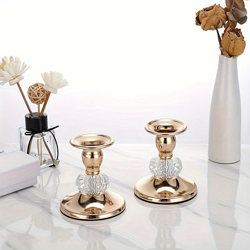 2pcs Elegantes Portavelas Europeos, Dorado Rosa con Acentos de Cristal - Decoración Romántica de Mesa para Bodas y Cenas, Ideal para Halloween/Navidad/Día de Acción de Gracias, Decoración del Hogar y Habitación, Decoraciones para el Hogar