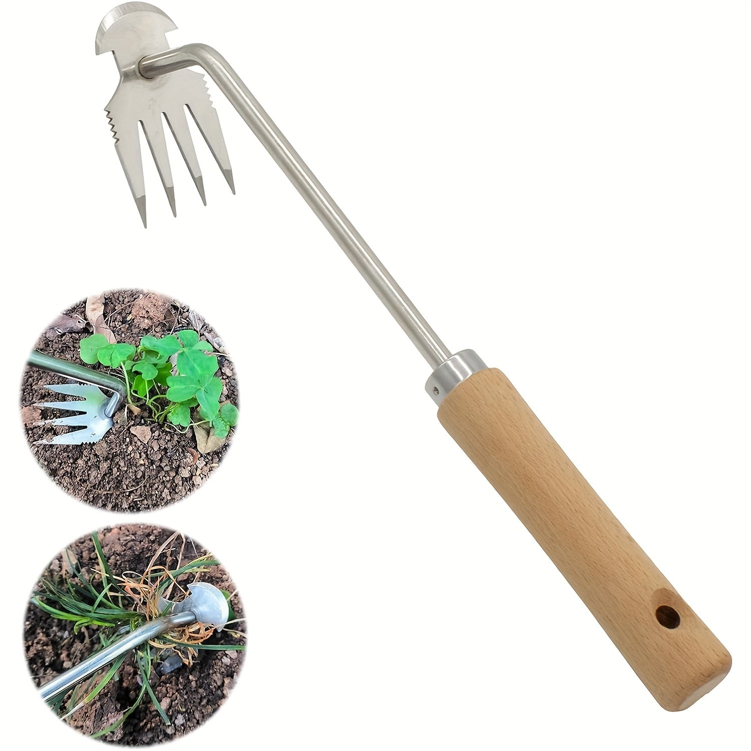 Pulidor de malezas manual de acero inoxidable con mango largo - Herramienta de desmalezamiento de jardín de doble propósito, diseño de 4 garras para la eliminación efectiva de raíces, mango de madera ergonómico para uso en jardines y granjas, eliminador