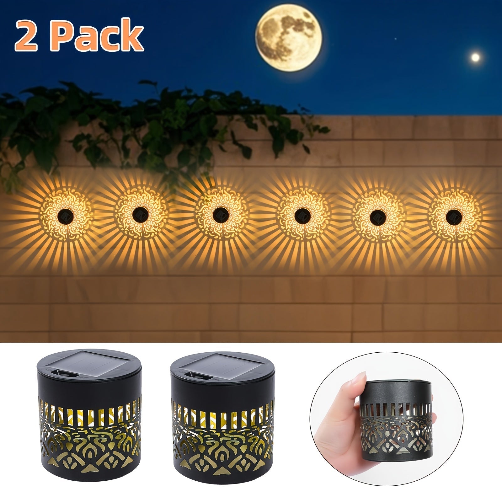2-Pack Luces Solares para Valla con Diseño de Corte, Iluminación LED Solar para Jardín y Patio Exterior
