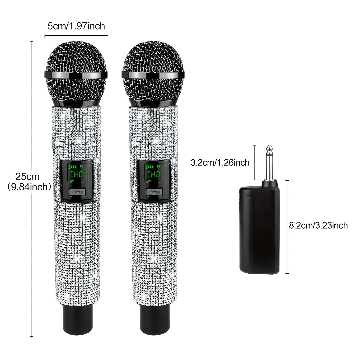 Sistema de micrófono con conector de 3,5 mm a 6,35 mm, control de volumen, indicador de batería y conectividad inalámbrica de 2,4 GHz, recargable.